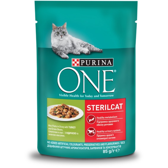 Корм для кастрированных котов/стерилизованных кошек ONE Sterilcat с индейкой и зеленой фасолью 85 г