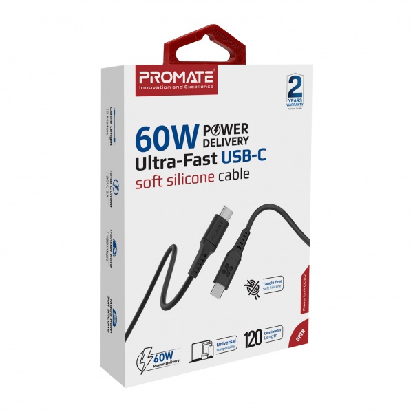 Кабель Promate PowerLink-CC120 USB-C to USB-C 60 Вт Power Delivery 1,2 м чорний (powerlink-cc120.black) 