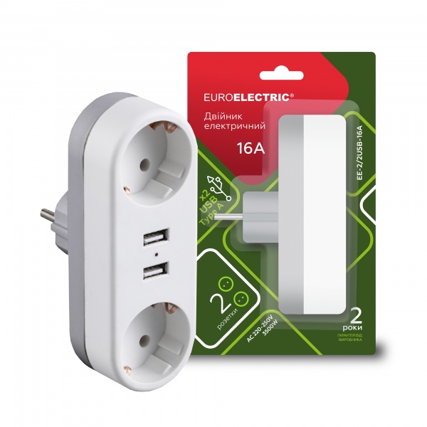 Двійник Euroelectric із заземленням 2 гн. білий 2 м EE-2/2USB-16A
