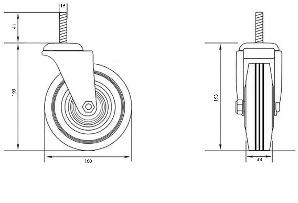 Колесо d160 мм резиновое поворотное с резьбовым штырем M16