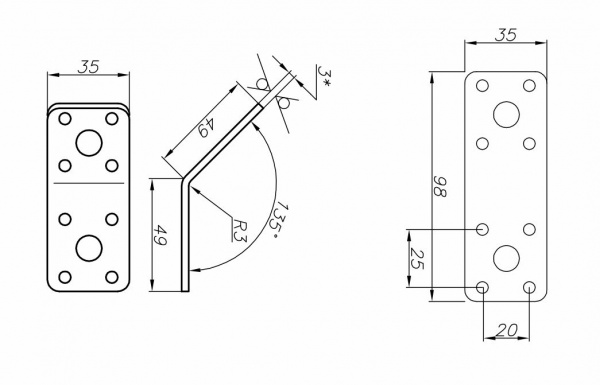 Кутник перфорований Сталевий характер рівносторонній 50x50x35 мм 3 мм (1шт.)