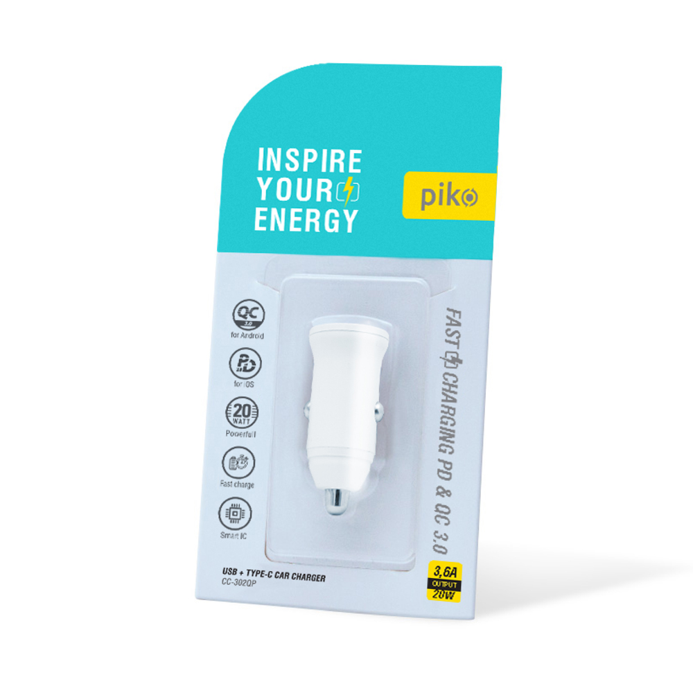 Адаптер автомобильный Piko CC-302QP (USB A+USB C/20W) белый