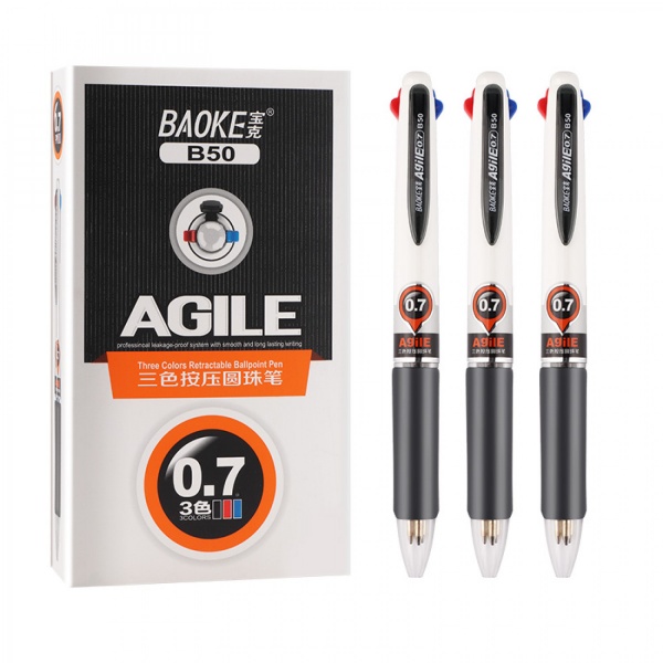 Ручка шариковая Baoke 0.7 мм 3-цветная с грипом Agile (B50) 