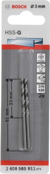 Сверло по металлу Bosch HSS-G STANDARD 33x61 мм 2 шт.3 мм 2 шт. 2608585911