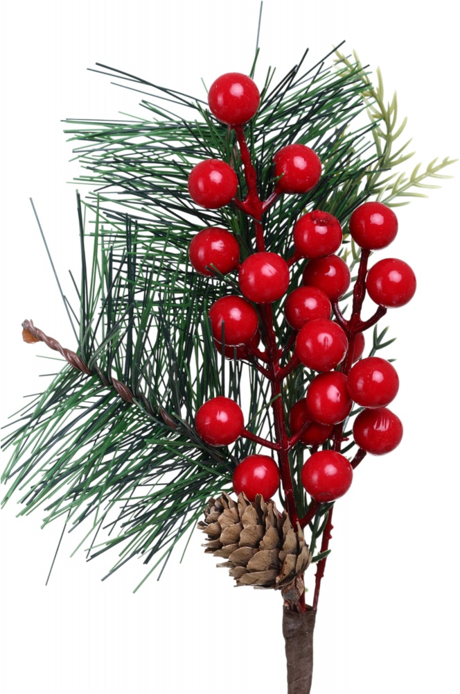 Гілочка декоративна пучечок червоних ягід з шишкою 24 см DYT24-230