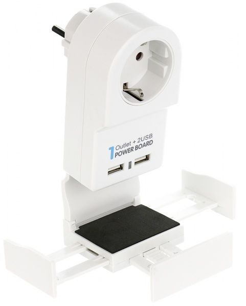 Переходник сетевой EMT евровилка/розетка+2USB с подставкой под мобильный телефон белый 2-0163 