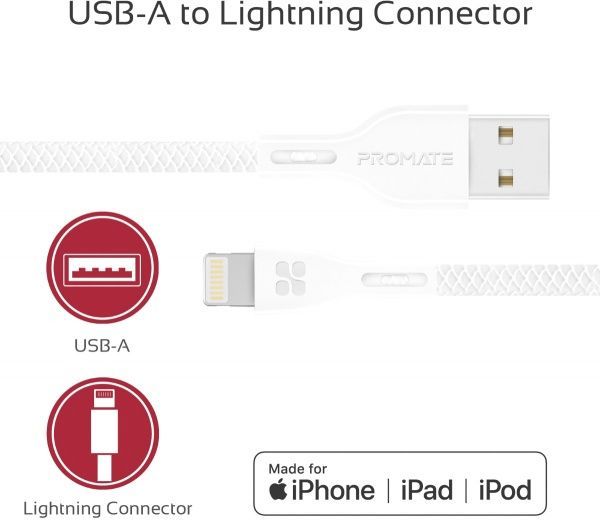 Кабель Promate Lightning – USB 1,2 м білий (powerbeam-i.white) 