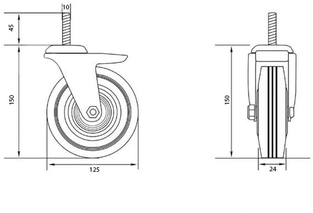 Колесо d125 мм резиновое поворотное с резьбовым штырем M10