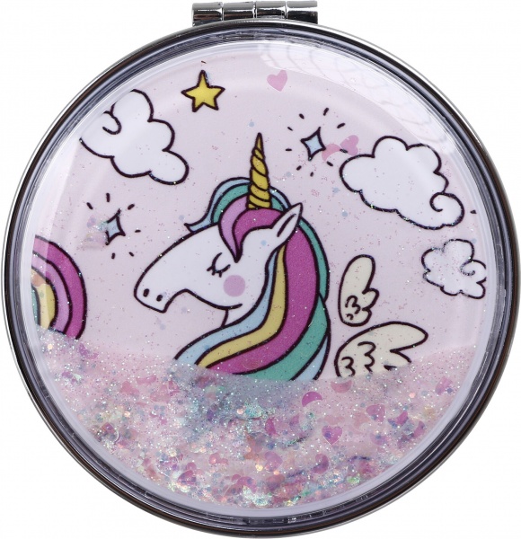 Зеркало карманное косметическое Лідер Канц Единорог с сыпучими блестками круглое 12 вариантов в ассортименте 