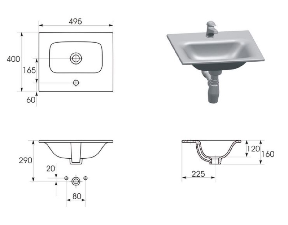 Умывальник EGO прямоугольный врезной 50 см с отверстием под смеситель