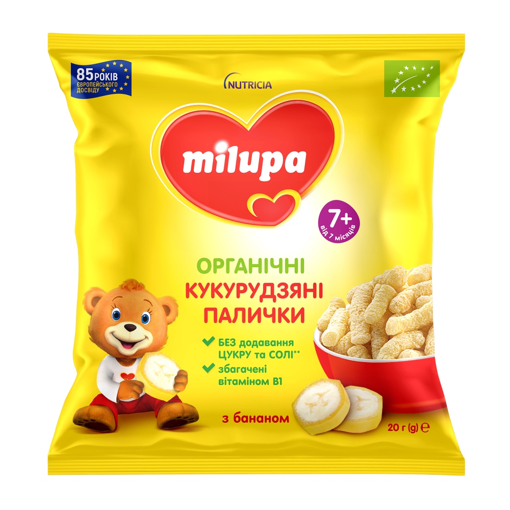 Снеки Milupa Палочки кукурузные для детей от 7мес с бананом и витамином В1 м/у 20г
