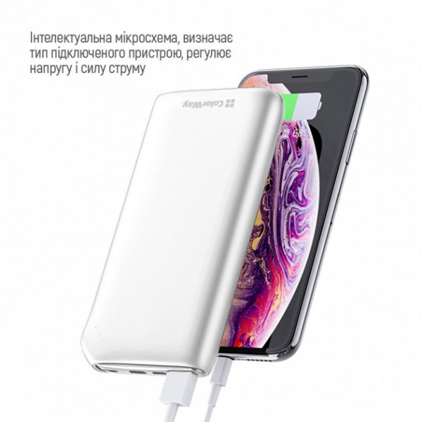 Внешний аккумулятор (Powerbank) ColorWay Soft touch Ligthning + USB QC3.0 + USB-C PD 18W 10000 mAh white (CW-PB100LPE3WT-PD) 