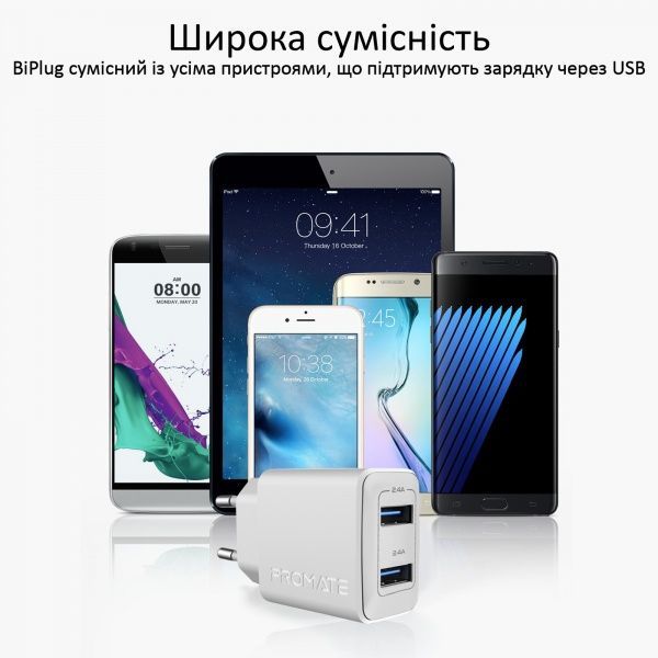 Зарядное устройство Promate BiPlug 12 Вт 2 USB White 