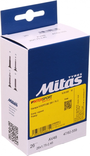 Камера для велосипеда MITAS Innertube 26x1.75–2.45 AV48 BOX Kross T4CDE260077 черный