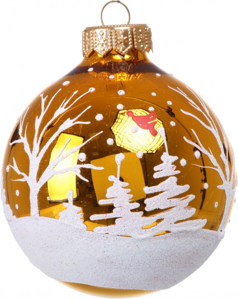 Куля новорічна з простим пейзажним малюнком d 80 мм помаранчевий