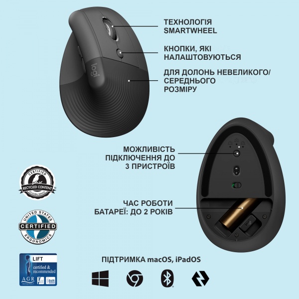 Мишка бездротова Logitech Lift Vertical Ergonomic Mouse graphite (910-006473) 