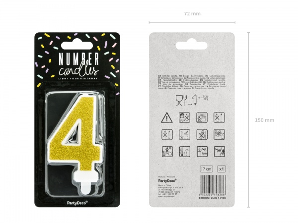 Свеча для торта Partydeco цифра 4 золотая 7 см (SCU3-4-019B)