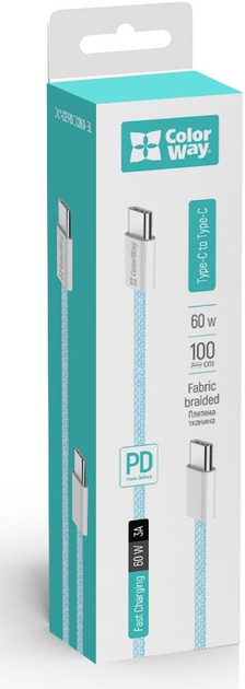 Кабель ColorWay Type-C - Type-C (braided cotton) (PD Fast Charging 60W) 3.0А 1 м синій (CW-CBPDCC061-BL)