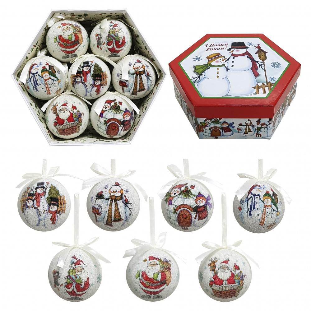 Набор шаров санта / снеговики d 75 мм 7 шт./уп.
