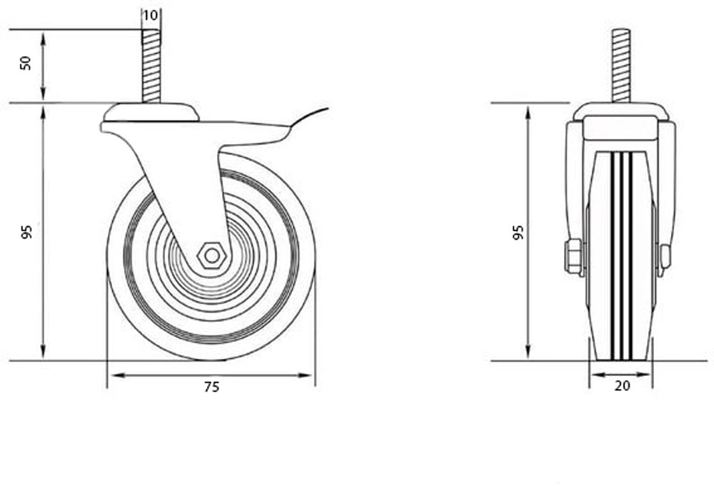 Колесо d75 мм гумове поворотне з гальмом і різьбовим штирем M10