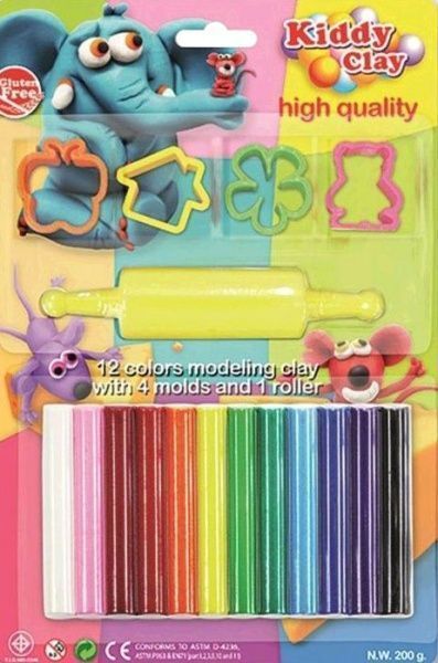 Пластилин 12 цветов 4 формочки + скалка NARA