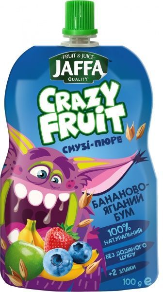 Пюре Jaffa Десерт фруктовый Crazy Fruit из бананов яблок черники и клубники перетертых со злаками 100 г 