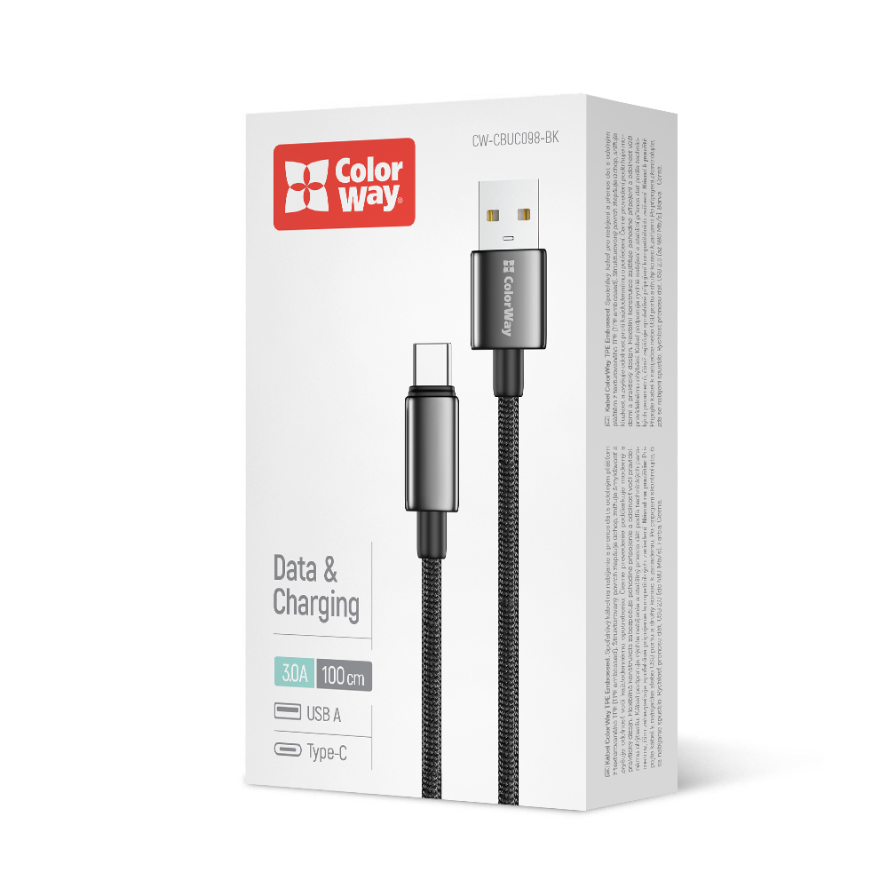 Дата-кабель ColorWay USB - Type-C (zinc alloy braided) 3А 1 м black (CW-CBUC098-BK) — фото 1