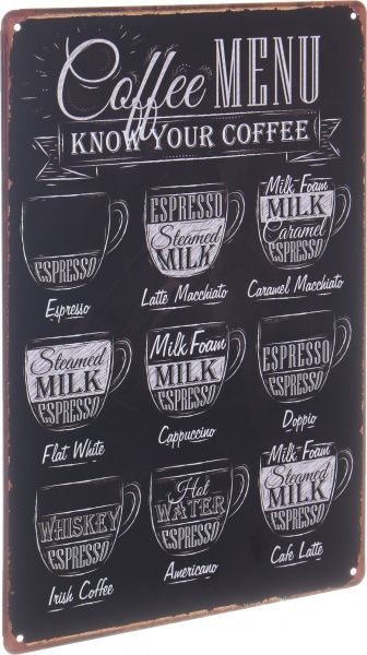 Табличка жестяная печатная Coffee Menu 30x20 см черный матовый 