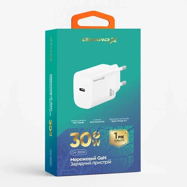 Зарядний пристрій Grand-X CH-390W 30W Type-C Quick Charge QС3.0 White (CH-390W)