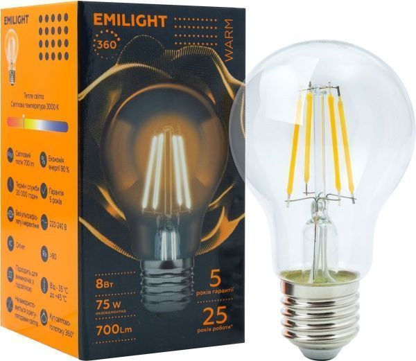 Лампа світлодіодна Emilight FIL A60 8 Вт E27 3000 К 220 В прозора 