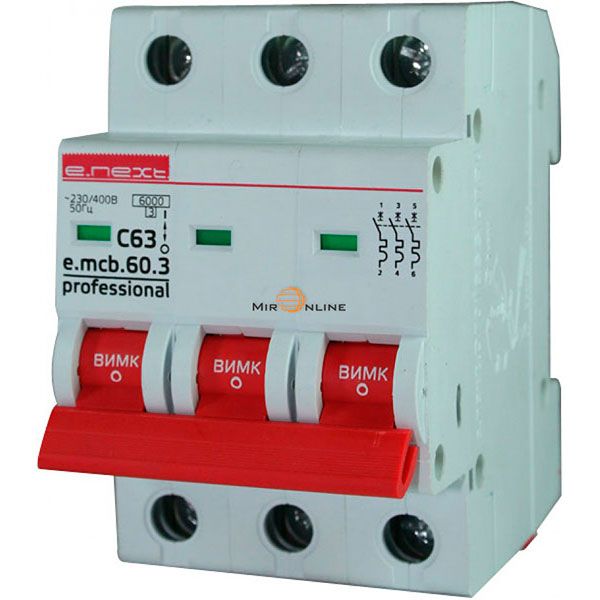 Автоматичний вимикач E.NEXT e.mcb.pro.60.3.С63, 3р, С63А, 6 кА p042037