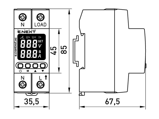 Реле напряжения и тока E.NEXT 63А с индикацией e.control.vc63 p0690030