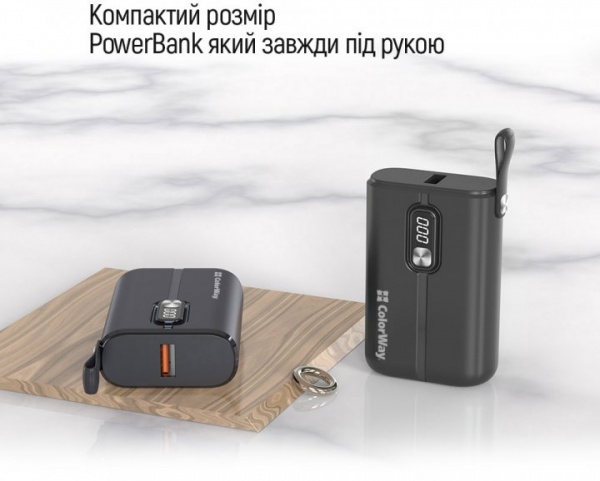 Внешний аккумулятор (Powerbank) ColorWay Full power Ligthning + USB QC3.0 + USB-C PD 22.5W 10000 mAh black (CW-PB100LPK2BK-PDD) 