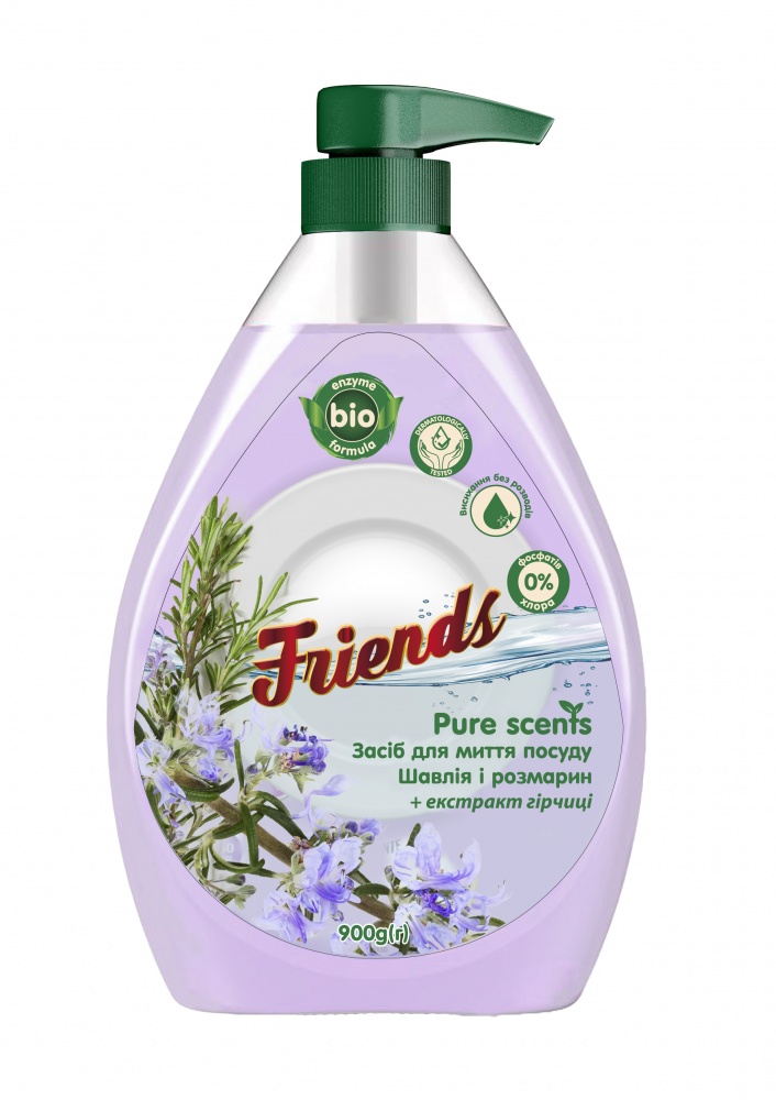 Средство для ручного мытья посуды Friends Pure scents Шалфей и розмарин с дозатором 0,9л