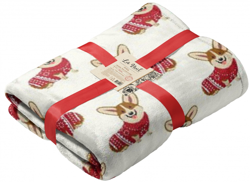 Плед флісовий New Year's Corgi 200x220 см бежевий із червоним La Nuit