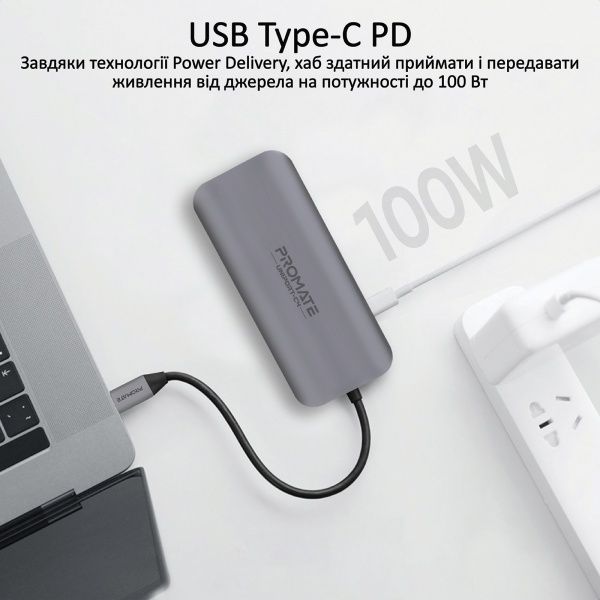 USB-хаб Promate UniPort-C4 USB-C PD/HDMI/2xUSB 3.0/AUX 3.5мм Grey