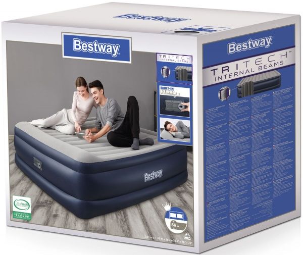 Матрас надувной Bestway King со встроенным электронасосом 203х193 см синий с серым