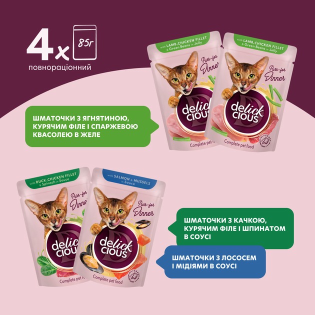 Корм вологий для котів DELICKCIOUS з курячим філе у шпинатному соусі 300 г