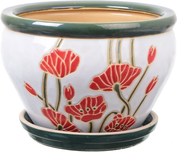 Горшок Viet Thanh Ceramic с блюдцем мак 30х21 см VT.11570-1 круглый белый с красным 