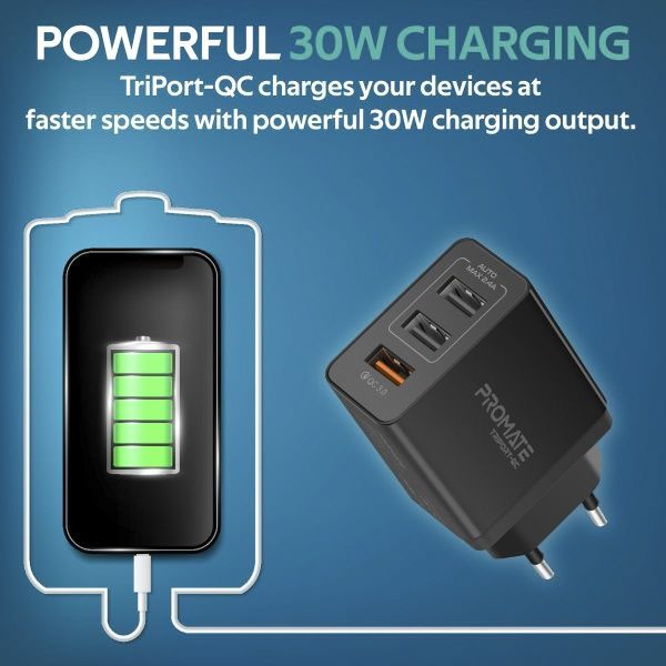 Зарядное устройство Promate TriPort-QC 30Вт USB QC3.0 + 2 USB Black 