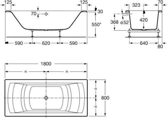 Ванна акрилова ROCA Hall 180x80 прямокутна з двома підголівниками та ніжками A248163000