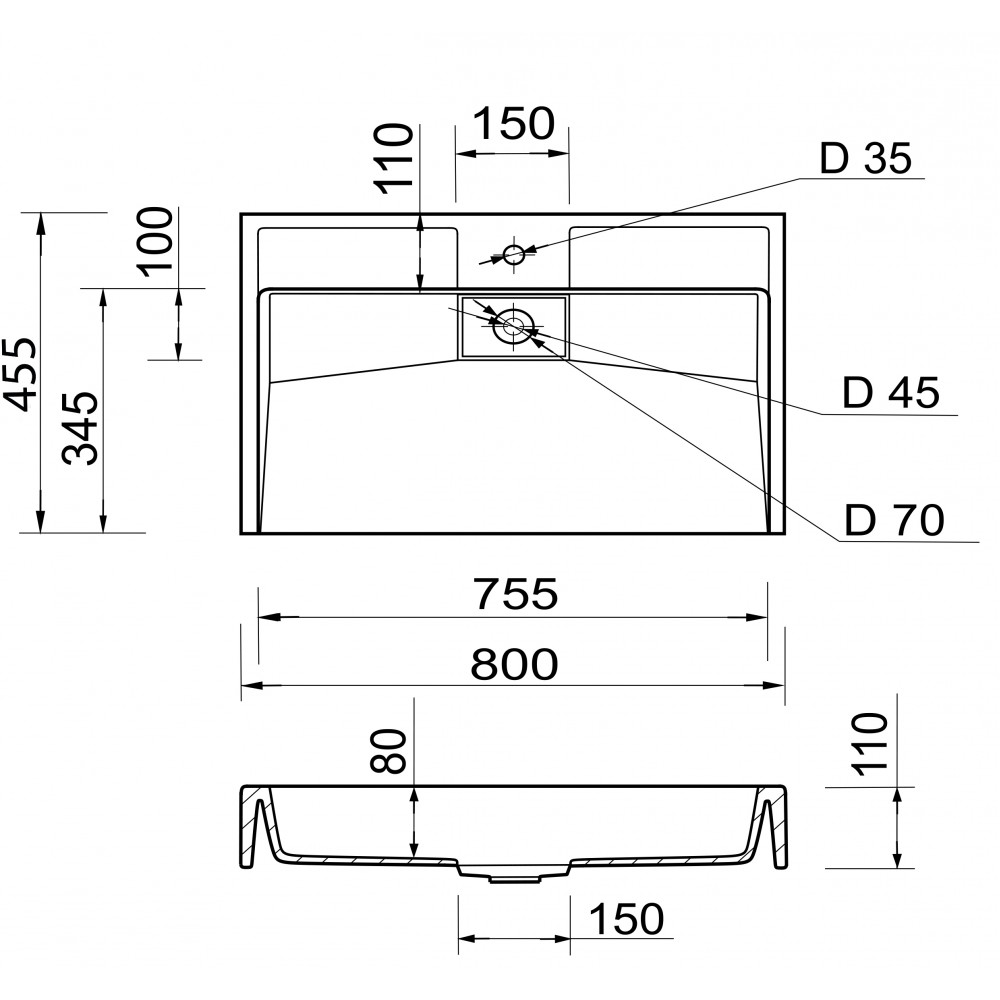 Умывальник Adamant VISION 80 800x450х110 Black/White