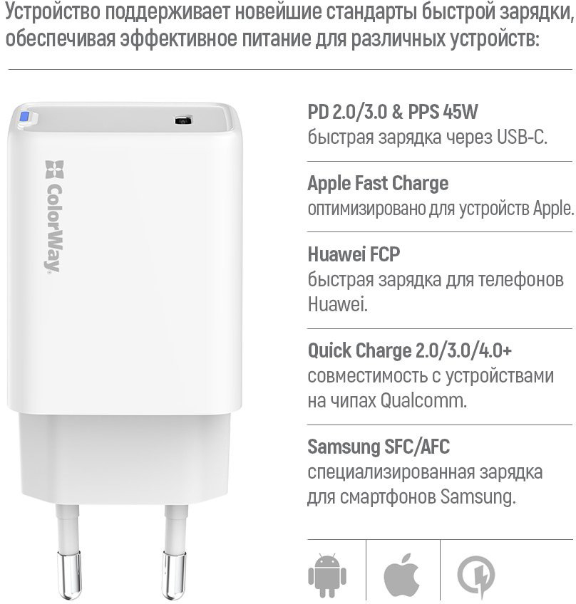 Сетевое зарядное устройство ColorWay GaN Mini 45W PD Port PPS USB-C белый (CW-CHS057PD-WT)