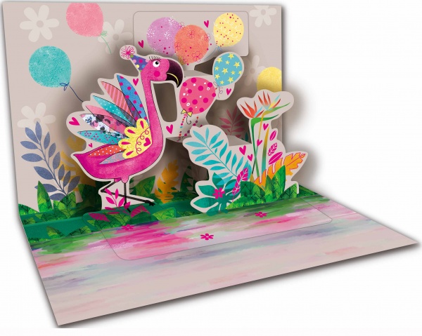 Открытка поздравительная POP-UP с 3D-рисунком всредине и конвертом Фламинго