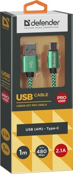 Кабель Defender USB Type-C 1 м зелений (87816) 