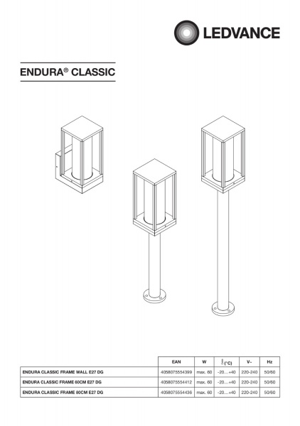 Стовп Ledvance Endura Classic Frame 60 см E27 IP44 темно-сірий 