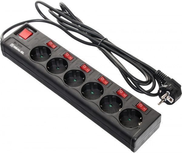 Фильтр-удлинитель REAL-EL EL122300002 RS-6 EXTRA с заземлением 6 гн. черный 3 м RS-6 EXTRA 3m, black 