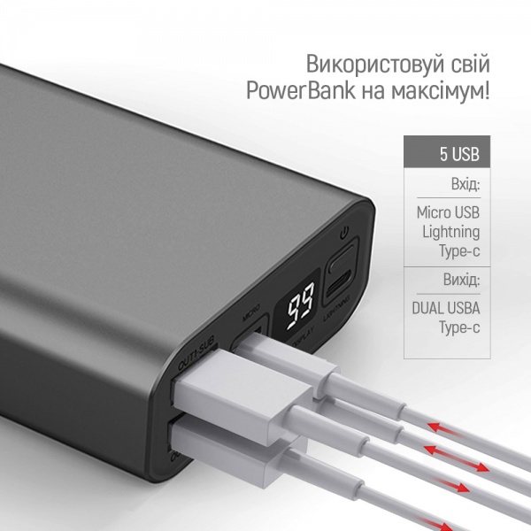Зовнішній акумулятор (Powerbank) ColorWay 20000 mAh gray (CW-PB200LPH3GR-PDD) 