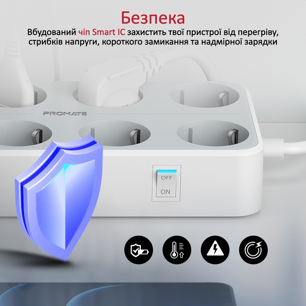 Сетевой фильтр Promate 11-в-1 PowerCord8EU-4M 8 розеток и 3 USB порта с заземлением 8 гн. white 4 м powercord8eu-4m.white 