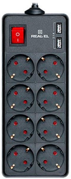 Фильтр-удлинитель REAL-EL с заземлением 8 гн. черный 3 м RS-8 PROTECT USB, 3m, black (R 